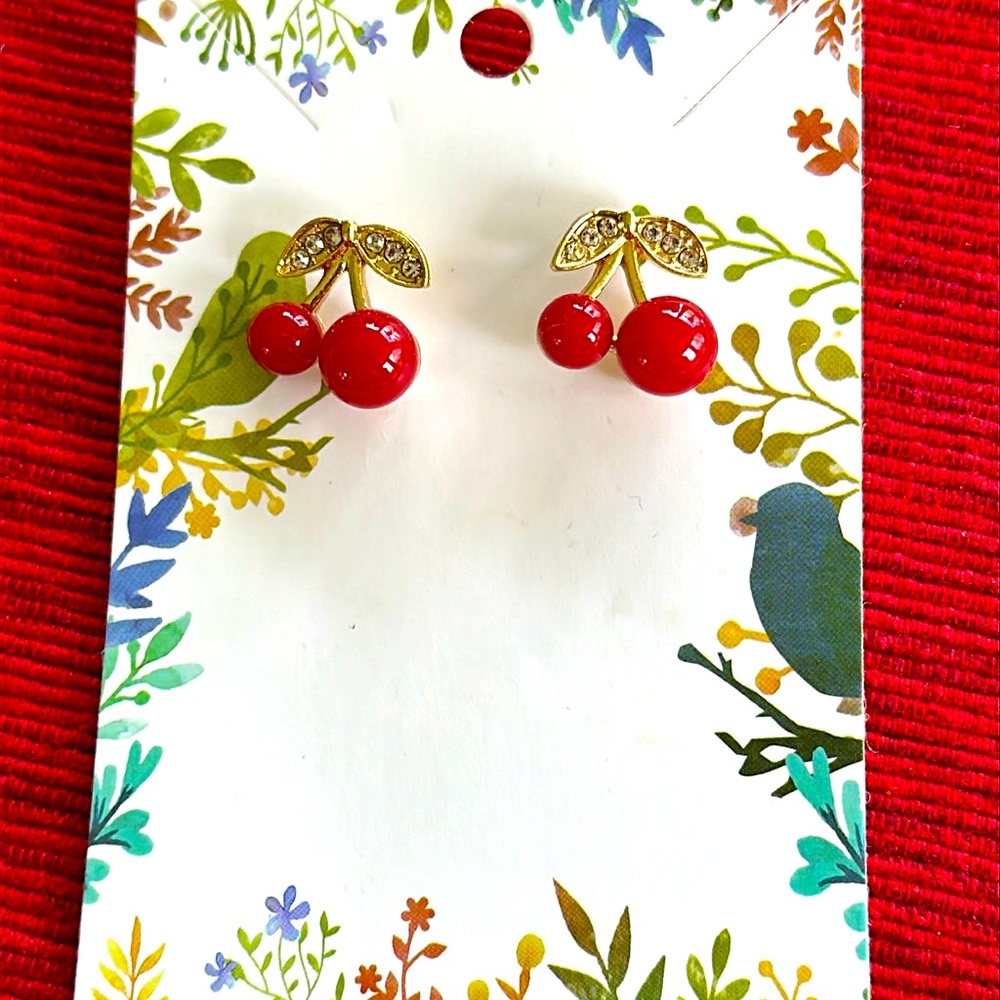 cherry rhinestone gold tone stud earrings